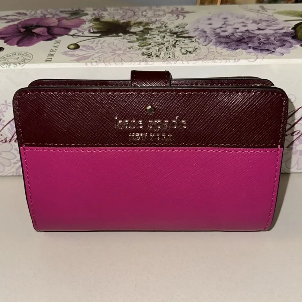kate spade Fuchsia Pink Burgundy Two Tone Leather Madison Medium Bifold Wallet